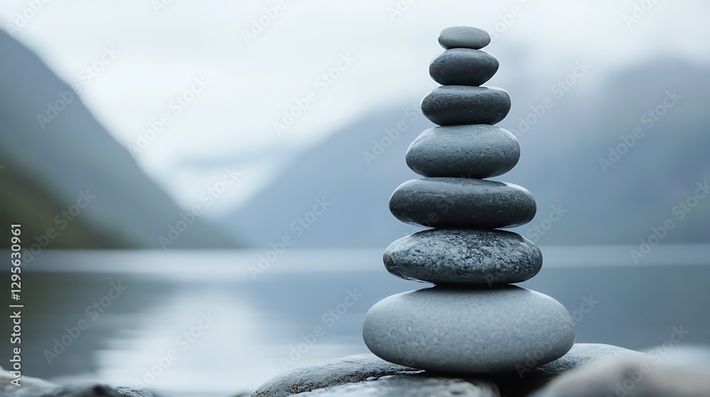 Poster beautifully balanced stack of smooth stones by a calm lake surrounded by mountainous scenery creatin