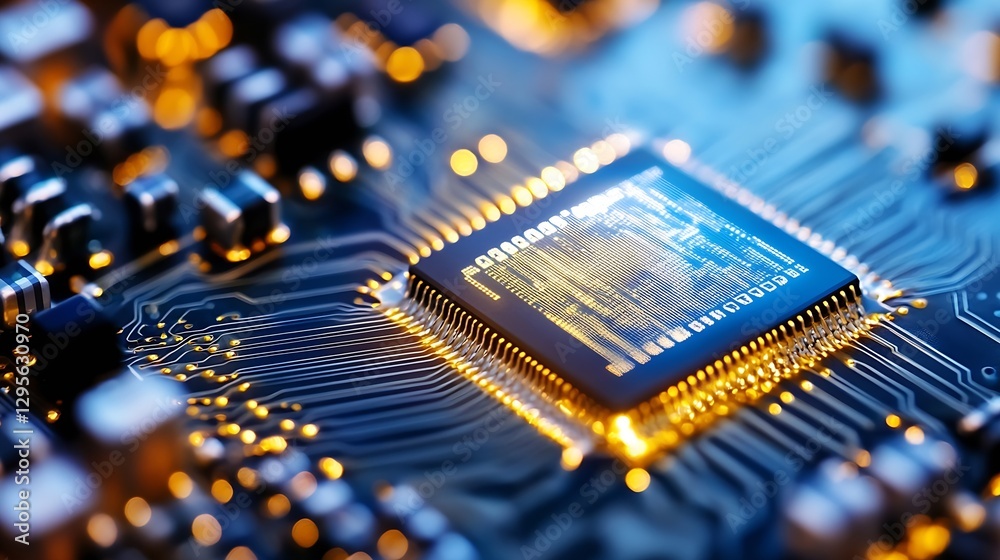 Poster Close up of a microprocessor on a detailed printed circuit board glowing with lights and technology : Generative AI