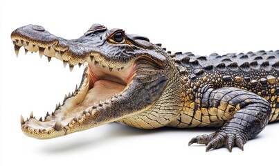 Fototapeta premium Detailed Close-up of a Crocodile with Open Mouth Exposing Sharp Teeth and Textured Skin Set Against a Clean White Background