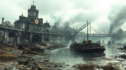 A Dystopian Industrial Landscape Featuring Crumbling Architecture, Smoke-Filled Skies, Abandoned Boats, and Overgrown Land Along a Murky Waterway