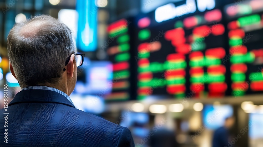 Poster businessman observing stock market fluctuations on digital display in modern financial setting : gen
