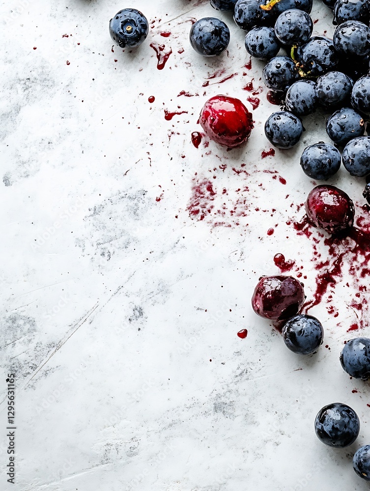 Poster freshly picked blueberries and cherries on a textured surface with vibrant juice spills : generative