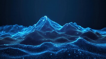 Abstract digital mountain range landscape with glowing light dots. Medium low poly wireframe modern illustration on technology blue background. Mine data and manage it.