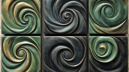 Unique square serpentine tiles with swirling patterns in green and black shades