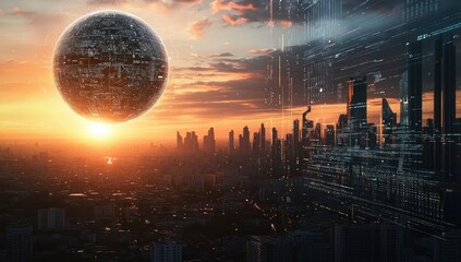 Alien sphere over futuristic city sunset