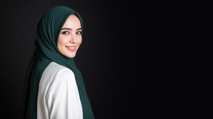A woman wearing traditional green abaya and hijab isolated on black background