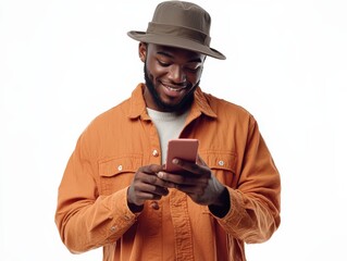 Young man standing looking at screen of phone with smile browsing web pages isolated on white background