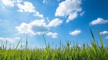 Obraz premium A Beautiful Open Landscape with Lush Green Grass Under a Bright Blue Sky with Fluffy White Clouds : Generative AI