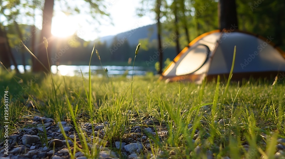 Aufkleber peaceful campsite by the lake at sunset with grass and tent in the foreground illuminating the scene