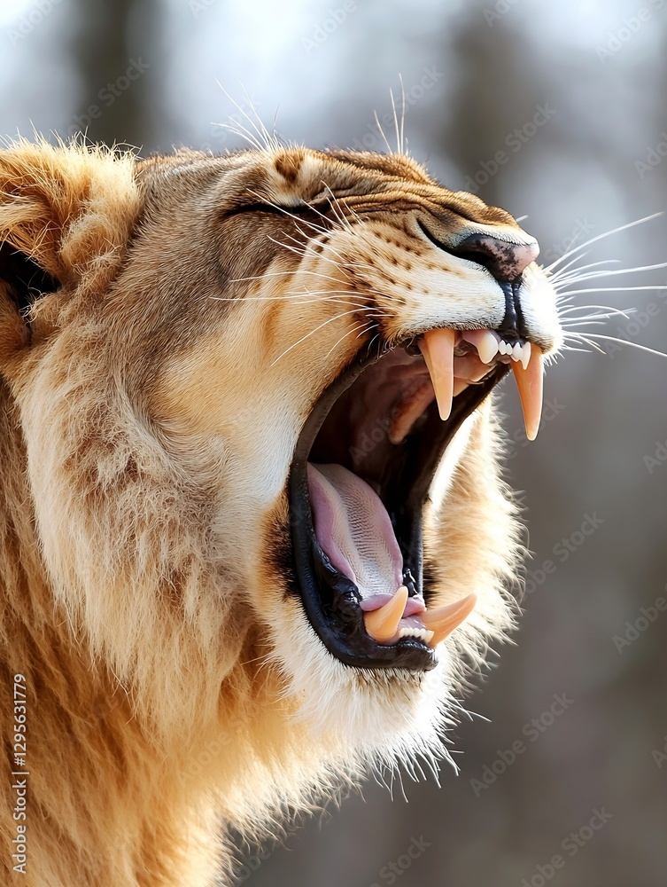 Poster majestic close up of a lion with mouth wide open roaring showcasing powerful teeth and mane : genera