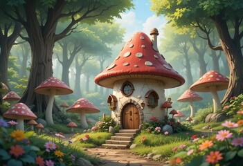 An illustration of a fairy house in a mushroom forest with trees, butterflies, and a road