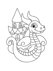 Mystical Dragon Wrapped Around a Medieval Castle – Adult Coloring Page on White Background