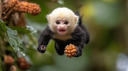 Fototapeta premium A monkey hanging from a tree branch with a pine cone in its mouth