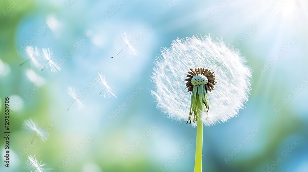 Aufkleber delicate dandelion flower with fluffy seeds blowing in gentle breeze on sunny day : generative ai