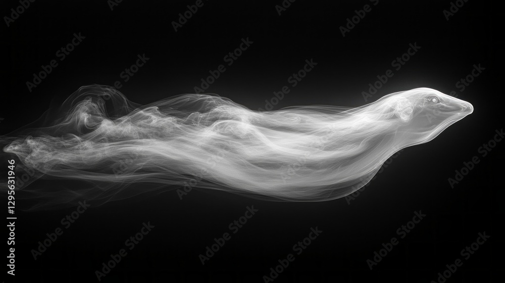 Poster A spectral being flows gracefully through a dark void, its form composed of wisps of smoke that twist and turn in mesmerizing patterns. The atmosphere feels otherworldly, inviting wonder