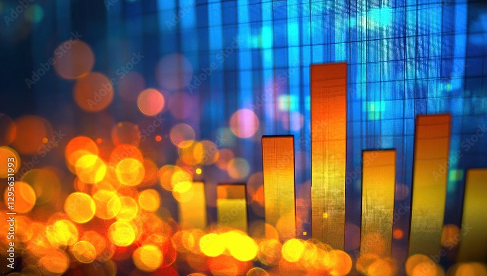 Poster abstract digital data visualization with rising bar chart and bokeh lights