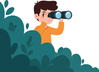 Young boy peering through binoculars while hidden in lush greenery, flat vector illustration showcasing curiosity and adventure in a playful setting, vector art