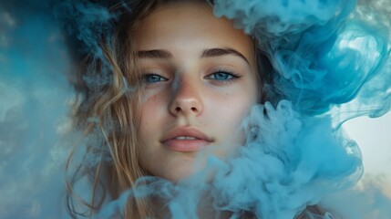 Portrait of a Young Woman with Curly Hair Amidst Blue Smoke
