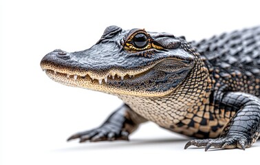 Fototapeta premium Detailed Close-Up of a Realistic Crocodilian Creature with Intricate Texture and Sharp Teeth Isolated on White Background