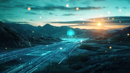 Floating 3D Search Bar Illuminating Digital Landscape Pathways Symbolizing Guidance and Discovery