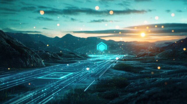 Floating 3D Search Bar Illuminating Digital Landscape Pathways Symbolizing Guidance and Discovery - Powered by Adobe