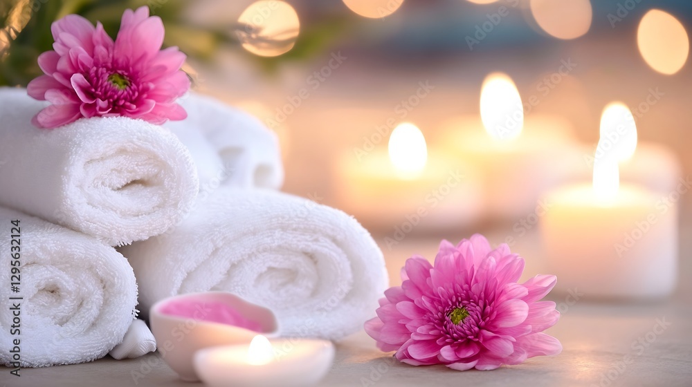 Poster Spa Setting with Soft Towels and Candles for Relaxation : Generative AI