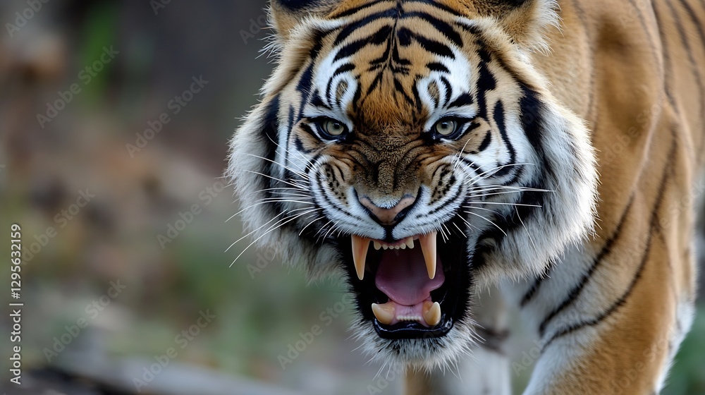 Poster fierce close-up of a roaring tiger with intense expression and striking fur : generative ai