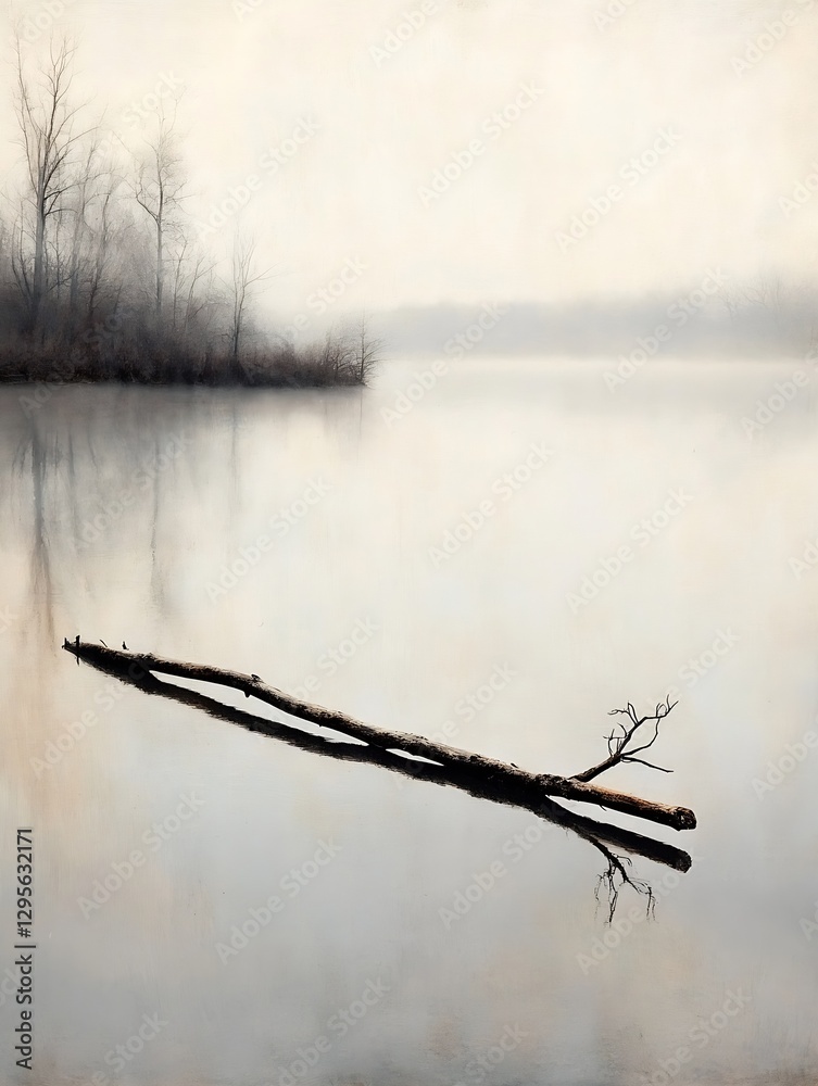 Poster serene landscape featuring calm lake with fallen tree branch reflected in still water on a misty mor