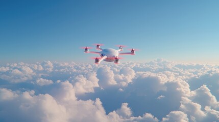 A white drone is flying above fluffy clouds in clear skies