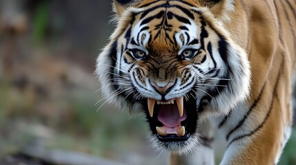 Naklejka premium Fierce Close-up of a Roaring Tiger with Intense Expression and Striking Fur : Generative AI