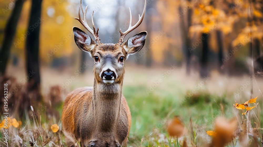 Poster elegant deer with impressive antlers standing gracefully in an autumn forest with colorful leaves : 