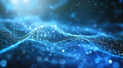 Wonderful picture of micro light sparkling particles scattered across blue flowing wave, create abstract bokeh effect perfect for background design that evoke a sense of energetic and fantasy. AIG53.