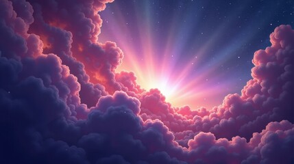 A dense, colorful nebula expanding like a celestial storm, swirling clouds of ionized gas illuminated by newborn stars, a dreamlike fusion of vibrant purples, pinks, and deep blues.