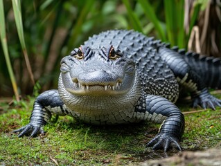 Fototapeta premium Detailed close-up of a textured alligator resting on green mossy ground, showcasing its sharp teeth and striking features in natural habitat