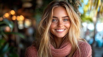 Bright and Joyful Young Woman Smiling in a Cozy Sweater Surrounded by Nature with a Warm Atmosphere and Lively Background Elements