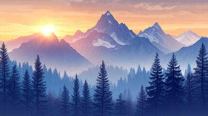 Majestic sunrise over snow-capped mountains and misty forest.