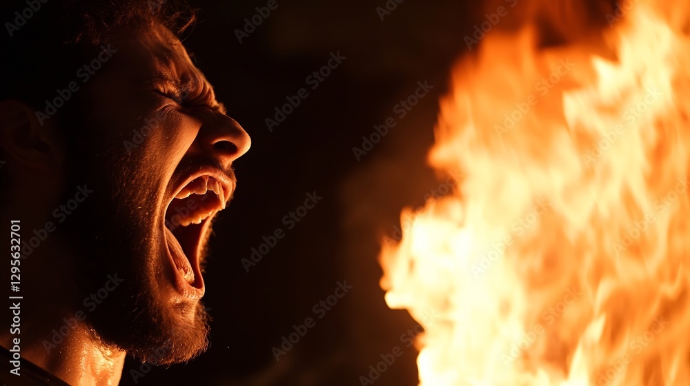 Poster intense moment of a man screaming with flames erupting in the background creating a dramatic vibe : 