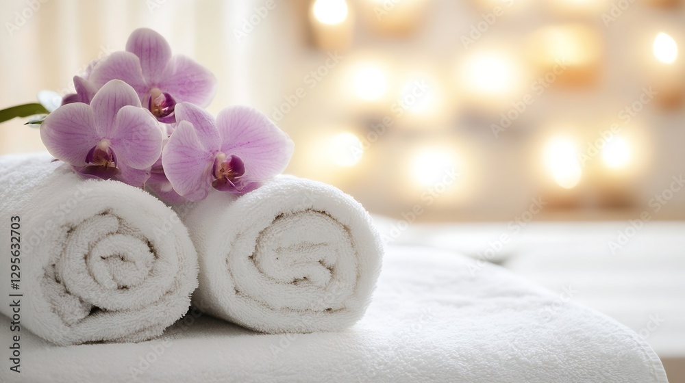 Leinwandbilder spa setup with white towels and purple orchids creating a relaxing ambiance : generative ai