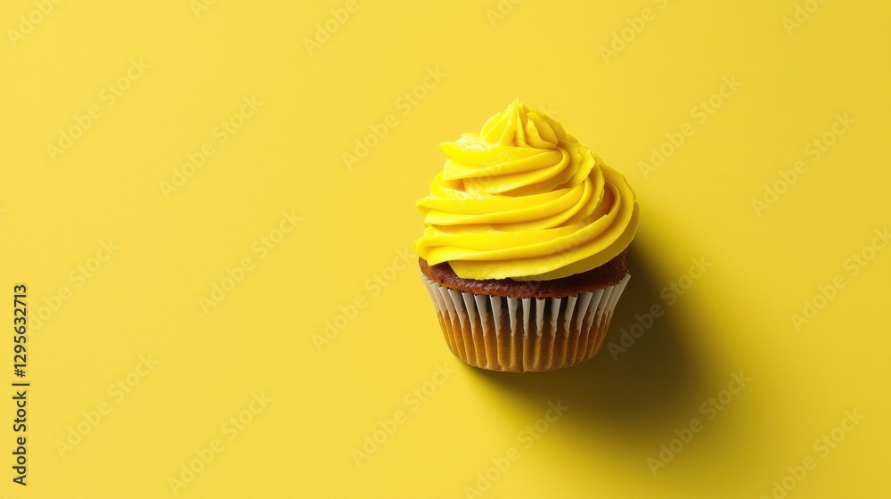 Sticker Delicious Yellow Cupcake with Swirled Frosting on Bright Background