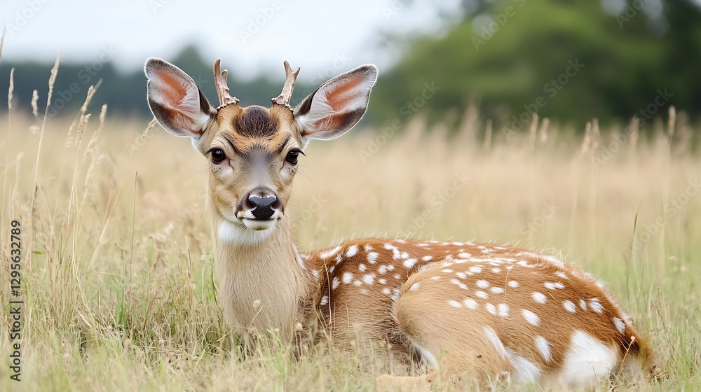 Poster beautiful close up of a young deer resting in a grass field enjoying nature's tranquility : generati
