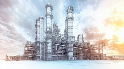 Detailed Illustration of a Modern Industrial Plant with Complex Structures and Equipment Against a Bright Sky in a Two-Dimensional Style