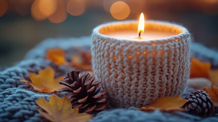 Cozy Autumn Candle Display with Knit Holder Surrounded by Fallen Leaves and Pinecones, Evoking Warmth and Relaxation in a Soft Ambient Setting