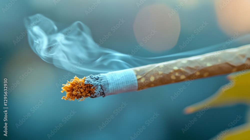 Poster wisps of smoke gracefully ascend from the glowing tip of a cigarette, creating a serene contrast aga