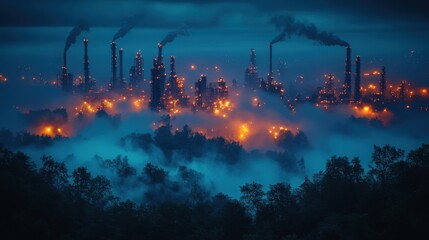 Dramatic Night View of a Large Industrial Complex Surrounded by Mist, Showcasing Smokestacks Emitting Smoke and Illuminated by City Lights