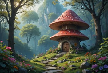 A fantasy illustration of a mushroom house in a magical forest with a flowing river and trees in the background