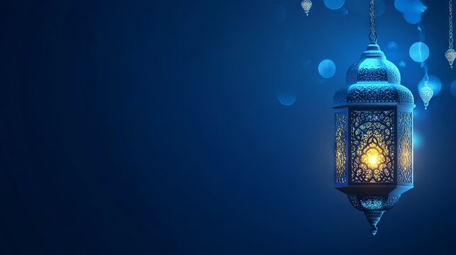 Blue banner with moon and lantern for Muslim holidays and Ramadan