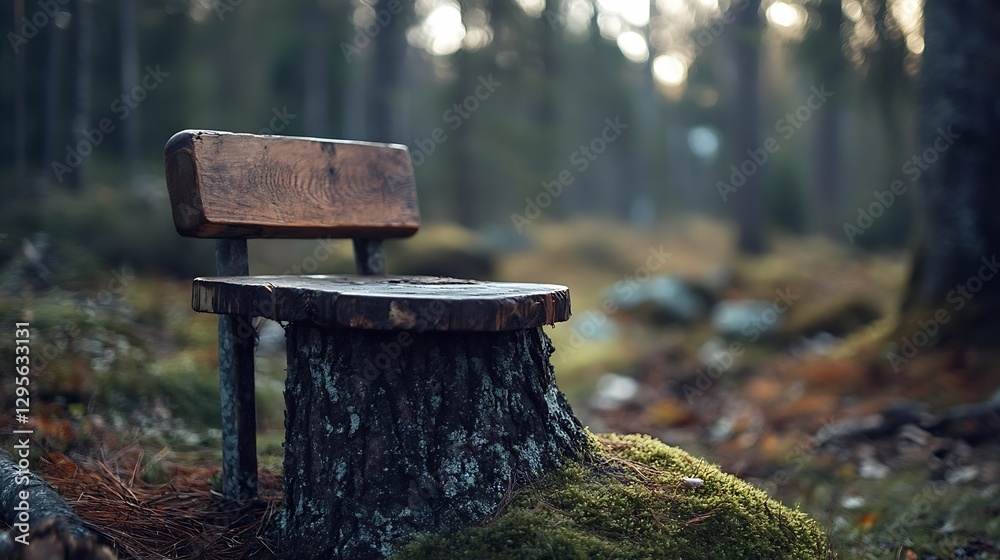 Aufkleber Rustic Wooden Bench Made from Tree Stump in a Tranquil Forest Setting : Generative AI