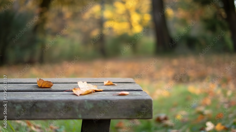 Poster autumn leaves on weathered wooden table with blurred rustic background in a peaceful outdoor setting