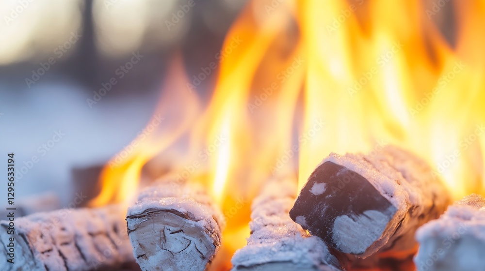 Poster close up of burning logs in a fire pit with flames dancing above creating a cozy ambiance : generati