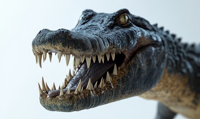 Fototapeta premium Detailed Close-Up of Realistic Crocodile Head with Sharp Teeth and Focused Expression in Studio Lighting on Neutral Background